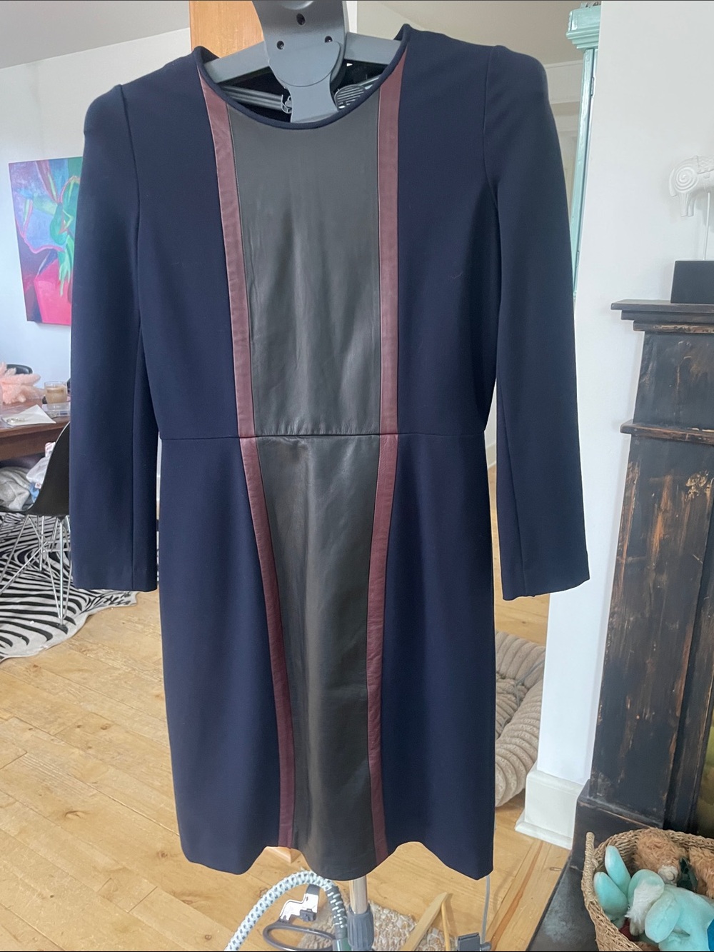 J. Crew Navy Long-Sleeve Dress with Black Panel and Burgundy Trim